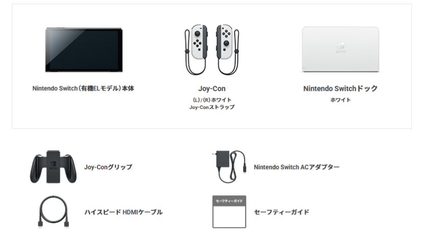 Switch有機ELモデルの本体とジョイコンが綺麗に並んでいる写真